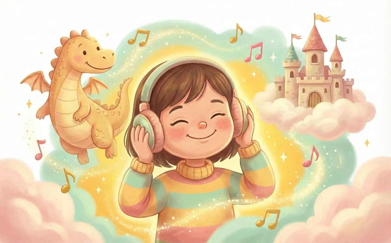 Child wearing headphones, surrounded by magical story elements like a friendly dragon, castle, and music notes